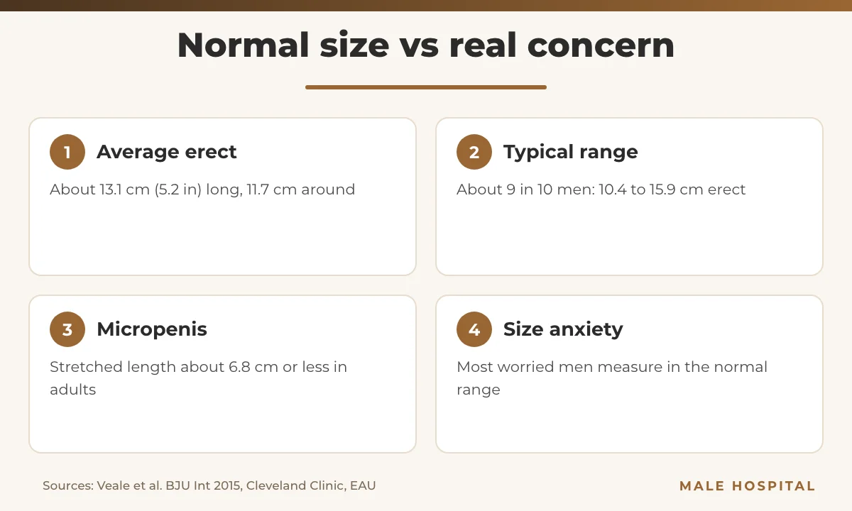 Infographic comparing average penis size, normal range, micropenis and small penis anxiety