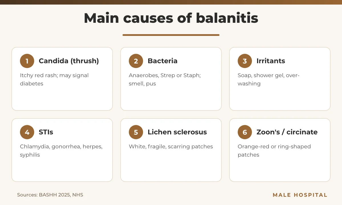 Infographic of the six main causes of balanitis, from thrush and bacteria to lichen sclerosus