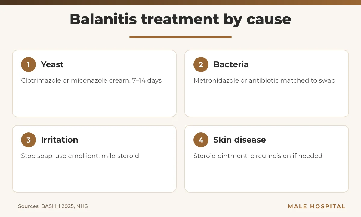 Infographic showing balanitis treatment options for yeast, bacteria, irritation and skin disease