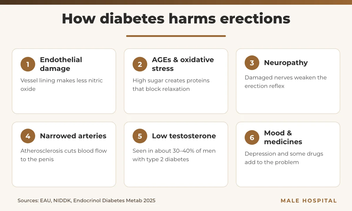 Infographic of how erectile dysfunction and diabetes are linked: endothelial damage, AGEs, neuropathy, narrowed arteries, low testosterone and medicines