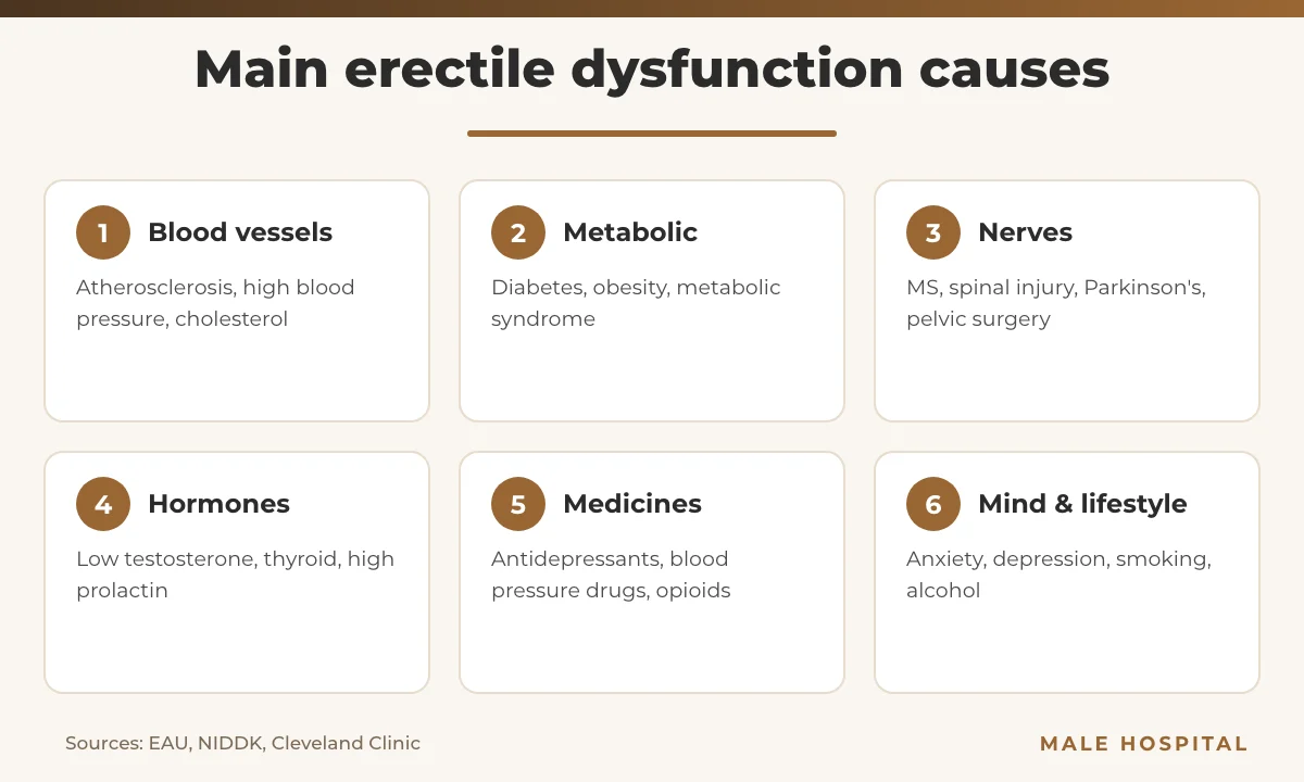 Infographic of the main erectile dysfunction causes: vascular, metabolic, nerve, hormonal, medicines and psychological