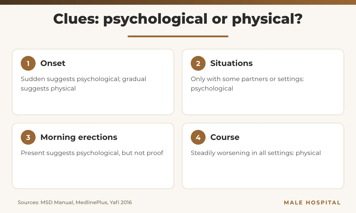 Infographic comparing clues to psychological versus physical erectile dysfunction causes