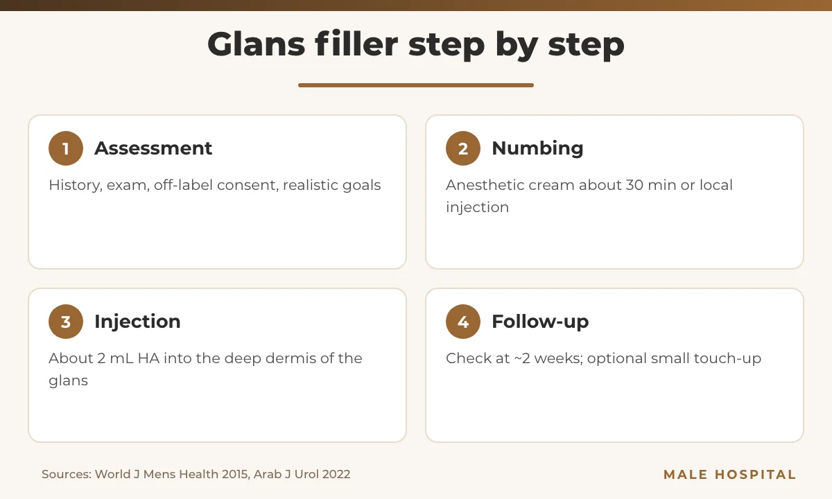 Glans filler procedure steps infographic: assessment, numbing, injection, follow-up