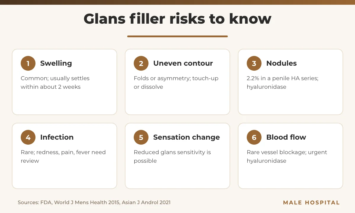 Glans filler risks infographic: swelling, uneven contour, nodules, infection, sensation change, blood flow