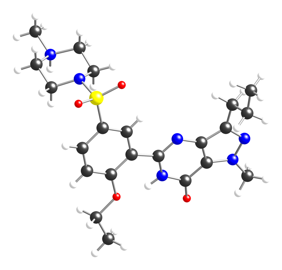 How long does Viagra last: ball-and-stick model of the sildenafil molecule
