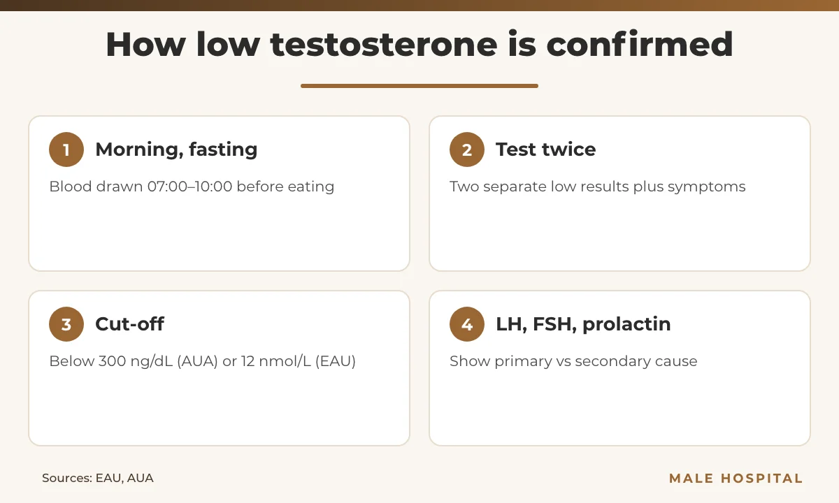 Infographic of the four steps used to confirm low testosterone