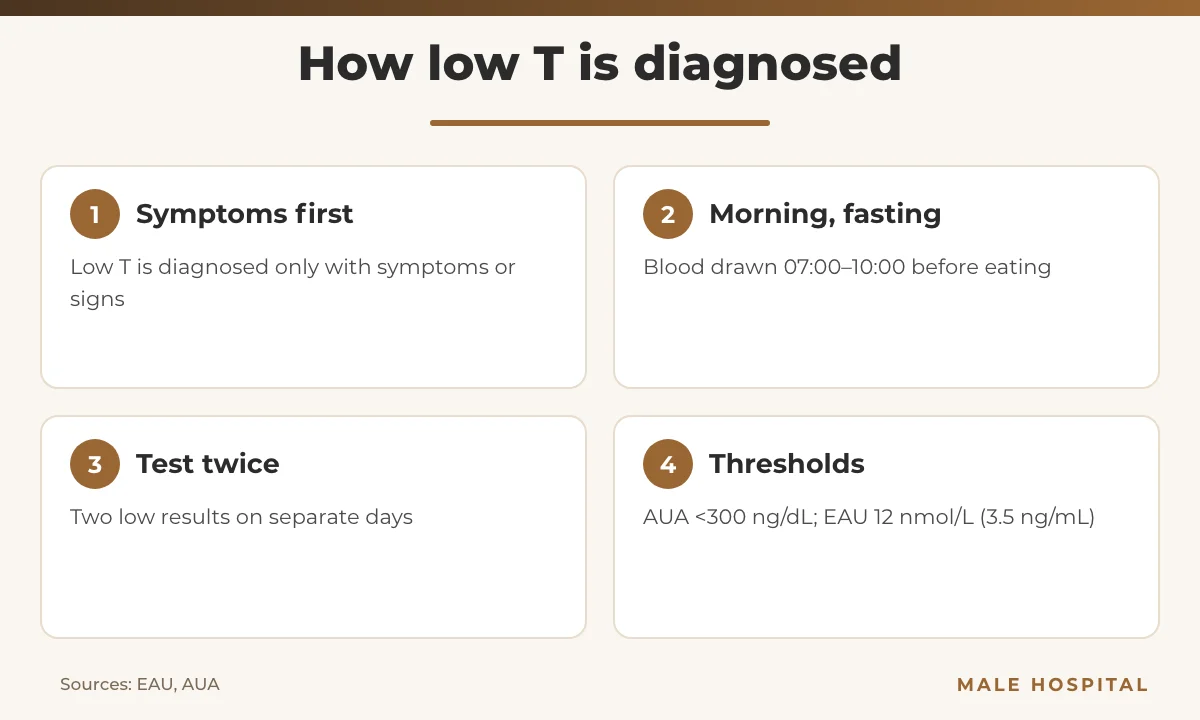 Infographic showing how low testosterone symptoms are confirmed with two morning blood tests