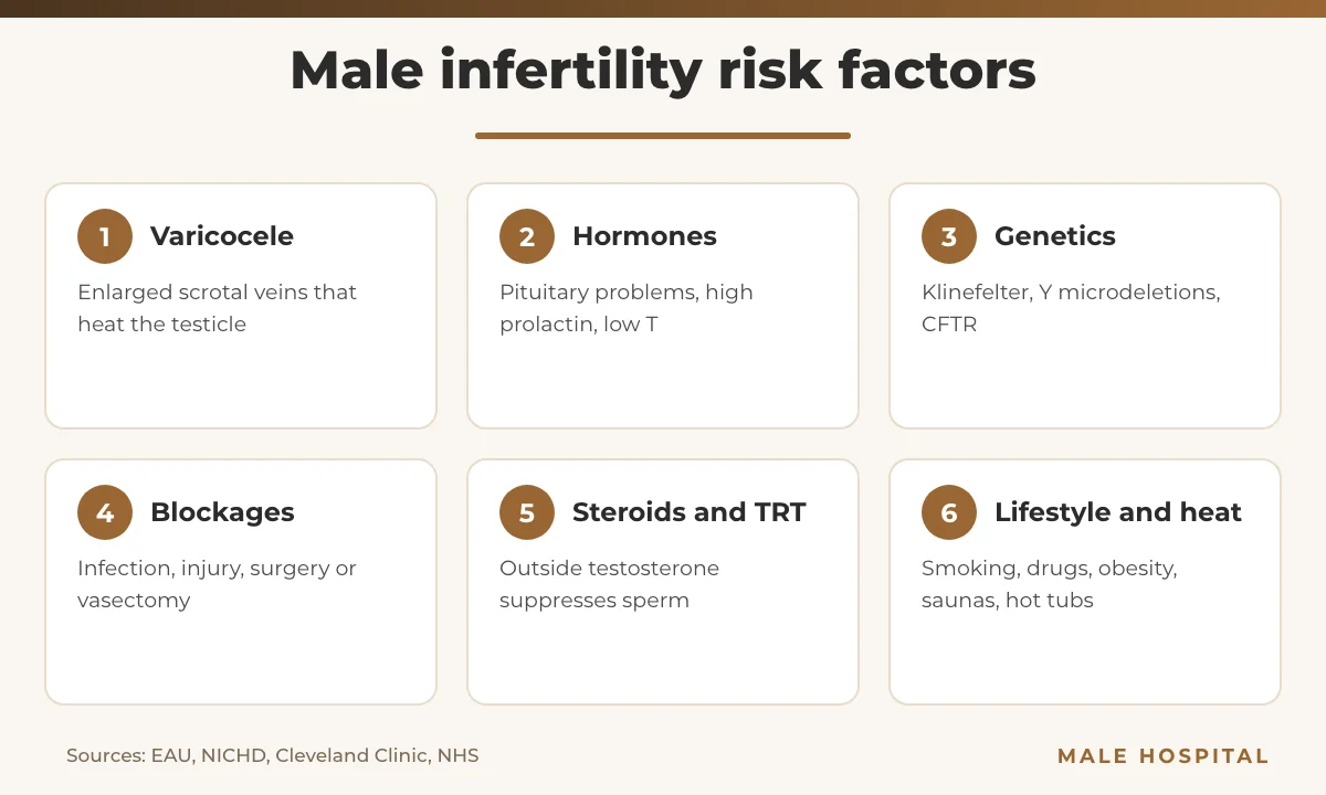 Infographic of six male infertility risk factors