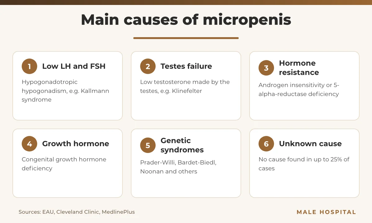 Infographic of the main causes of micropenis, from hormone deficiency to genetic syndromes