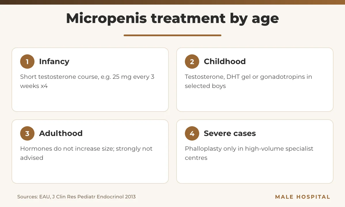 Infographic showing micropenis treatment options in infancy, childhood and adulthood