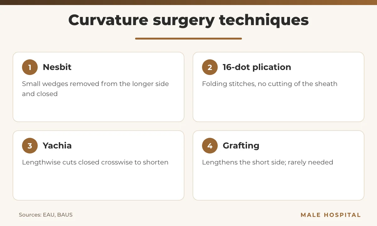 Penile curvature surgery techniques: Nesbit, 16-dot plication, Yachia and grafting