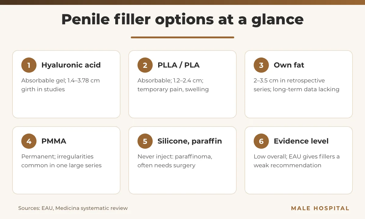 Penile filler options compared: hyaluronic acid, PLLA, fat, PMMA and silicone