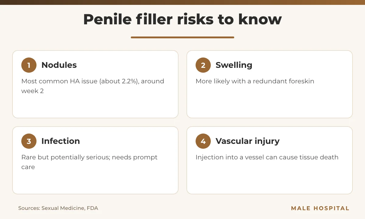 Penile filler risks: nodules, swelling, infection and vascular injury