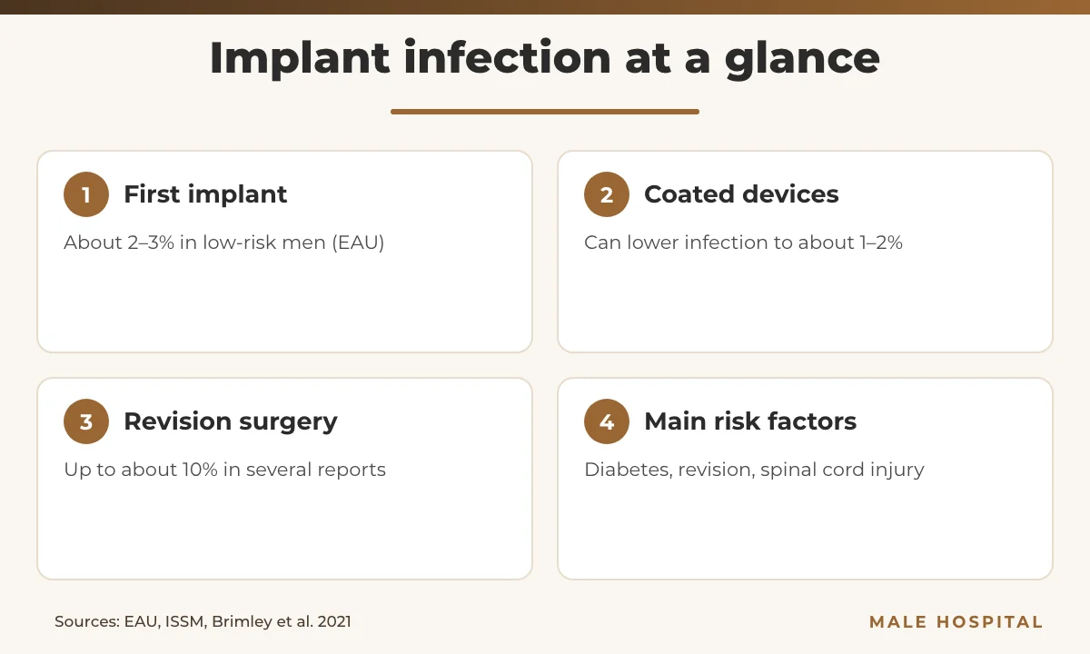 Penile implant complications infographic: infection rates and risk factors