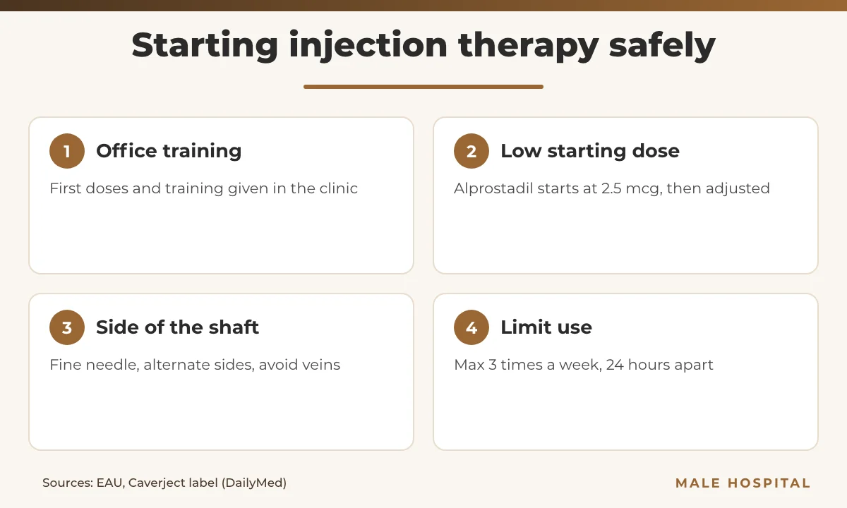 Infographic on starting penile injections for erectile dysfunction safely: office training, dose, injection site and frequency