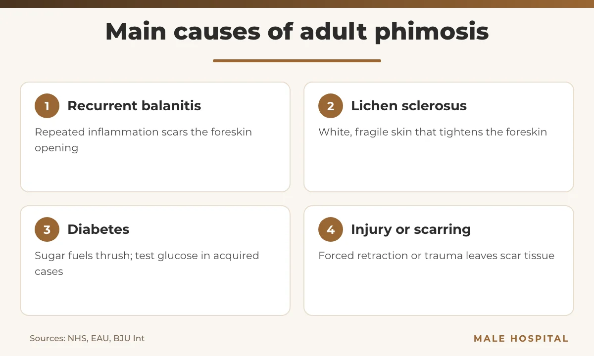 Infographic of the four main causes of phimosis in adults