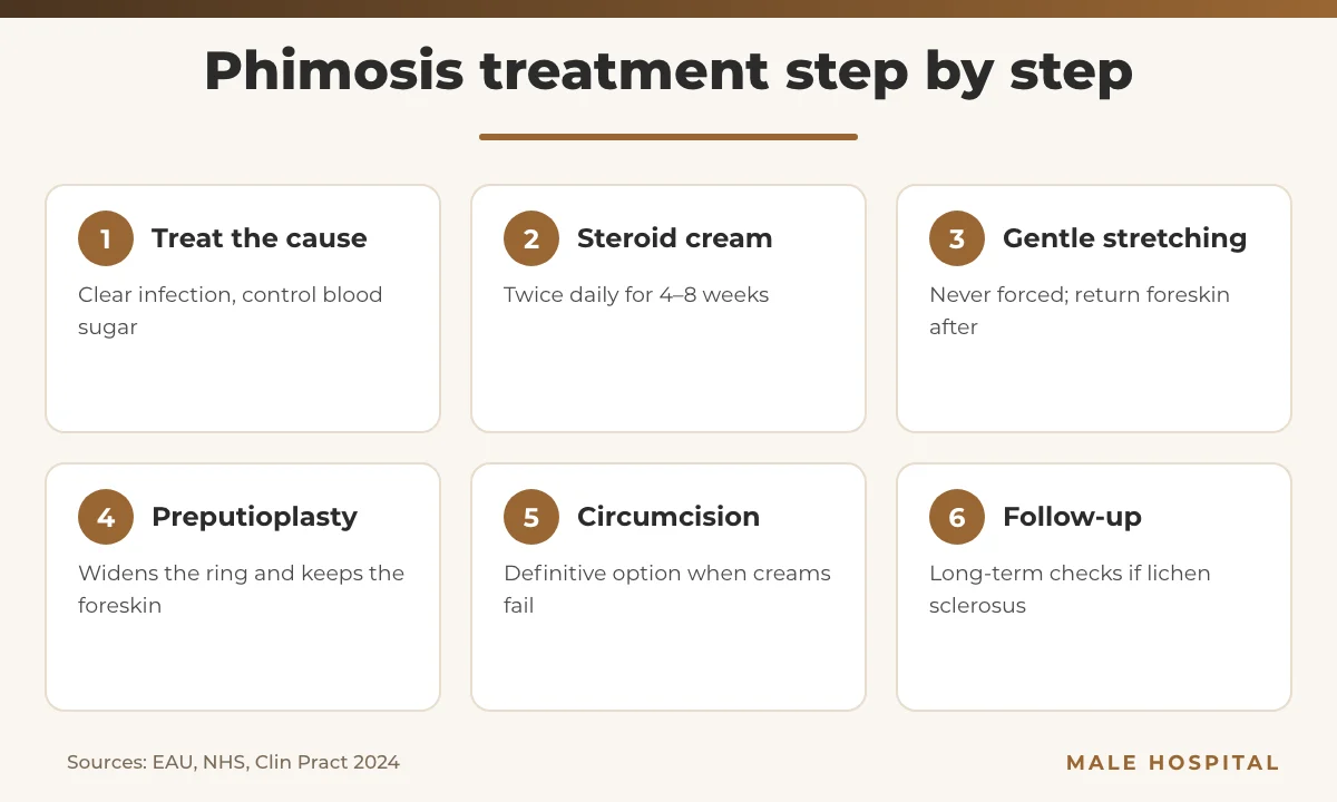 Infographic of phimosis treatment options from steroid cream to circumcision