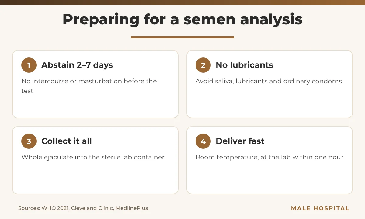 Semen analysis preparation infographic: abstinence, no lubricants, complete collection, fast delivery