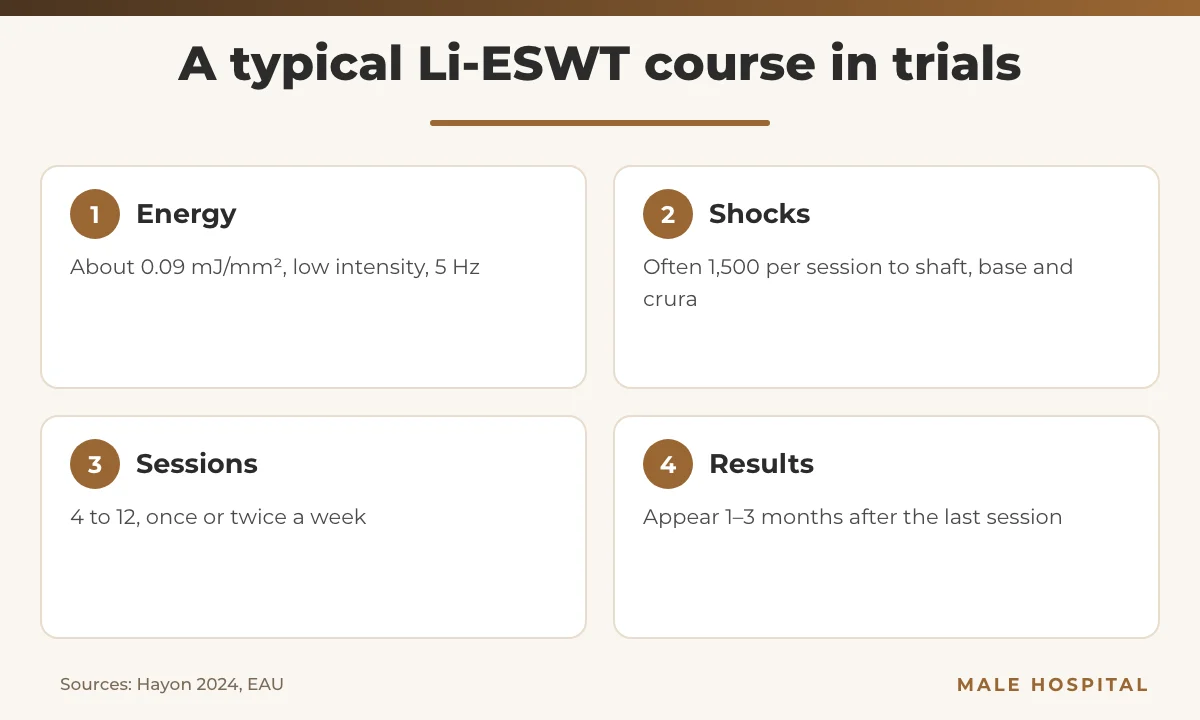 Infographic of a typical shockwave therapy for erectile dysfunction protocol: energy, shocks, sessions and timing of results
