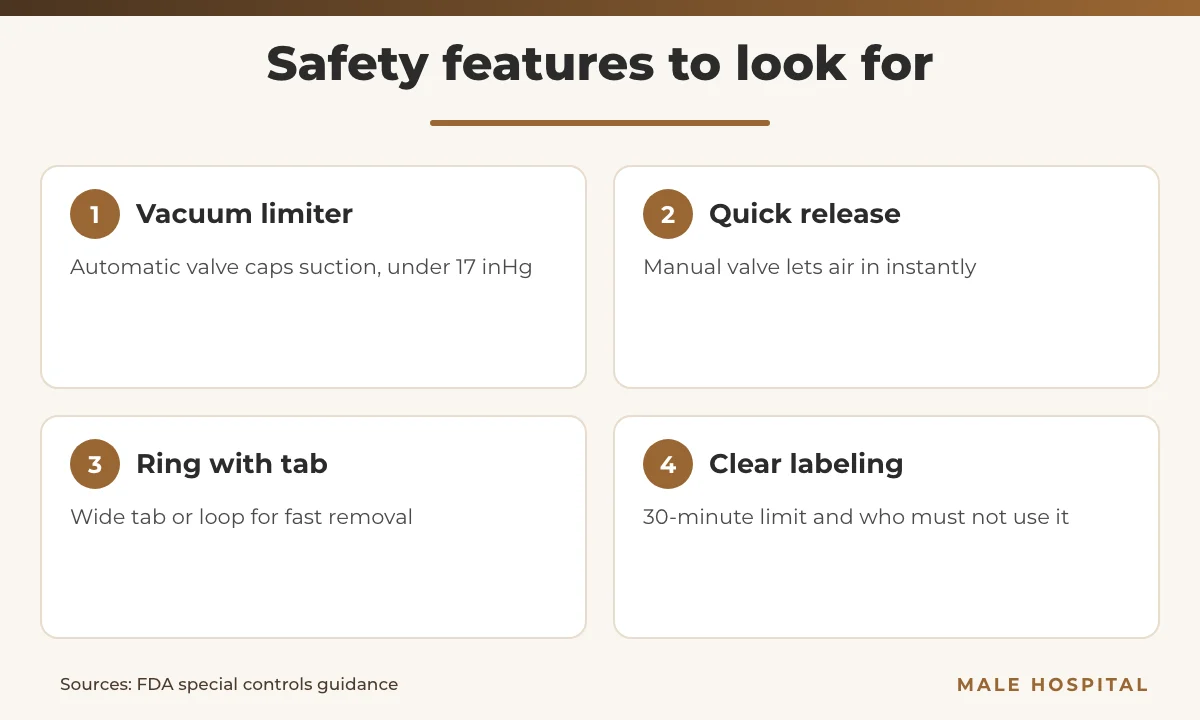Infographic of safety features of a medical vacuum erection device compared with novelty pumps