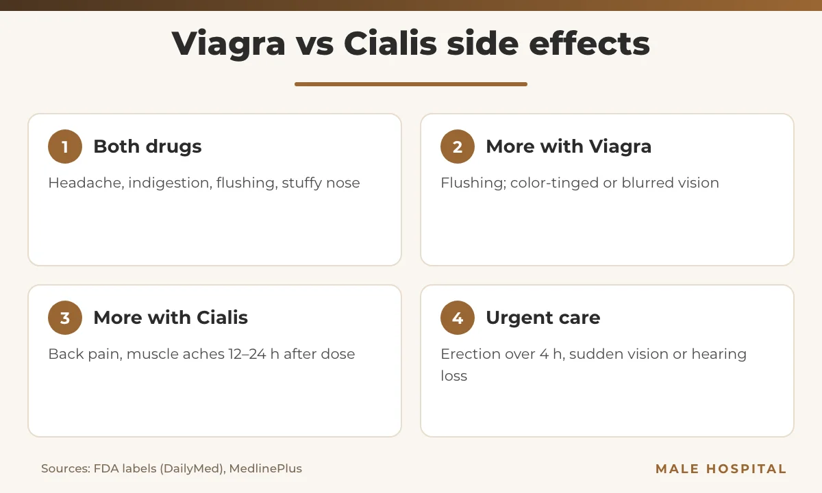 Viagra vs Cialis infographic of common and serious side effects